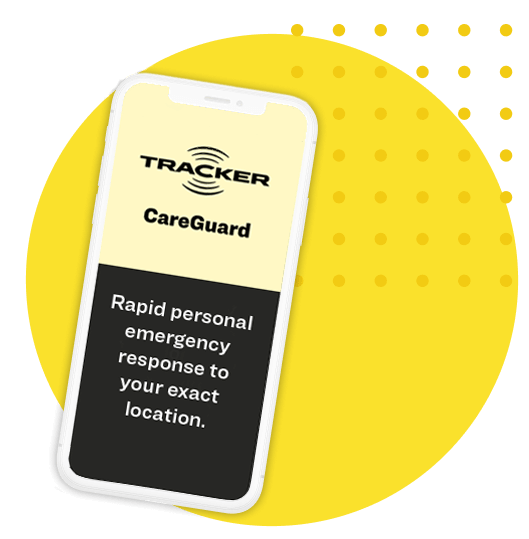 An animated cell phone showing Tracker CareGuard