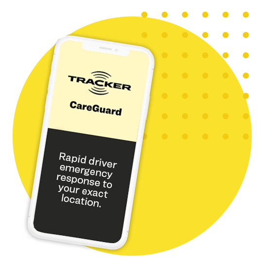 An animated cell phone showing Tracker CareGuard
